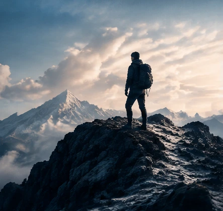 A climber looking toward a mountain summit, from the approved PitchPilotAI brand kit